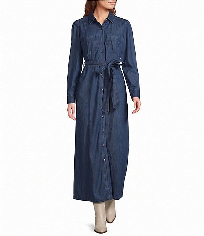 The Normal Brand Denim Point Collar Belted Button Front Shirt Dress