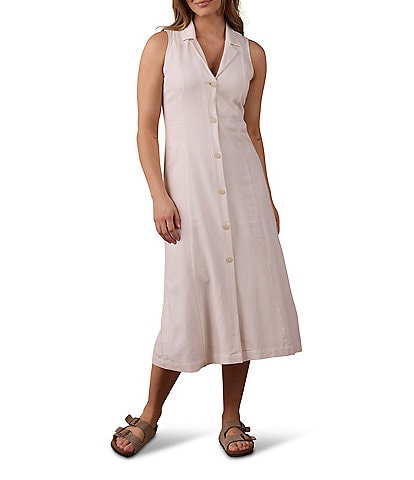 The Normal Brand Leukos Linen-Blend Collared Lapel Sleeveless Button Front Midi Shirt Dress