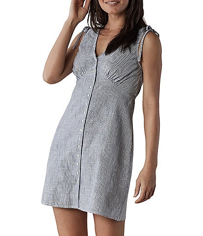 The Normal Brand Lived-in Railroad Stripe Woven Slub V-Neck Sleeveless Button Front Shirt Dress