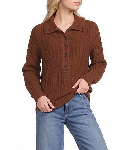 The Normal Brand Mabel Cable Knit Quarter Button Placket Popover Sweater