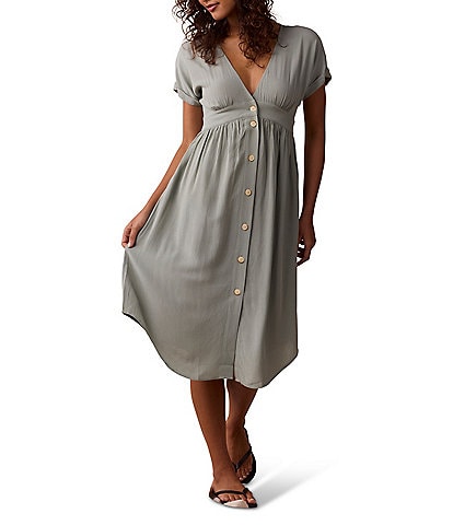 The Normal Brand V Neckline Short Sleeve Button Front Midi Dress
