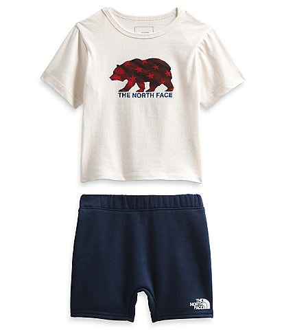 The North Face Baby Boys Newborn-24 Months Short-Sleeve Bear-Graphic Knit Tee & Solid Fleece Shorts Set