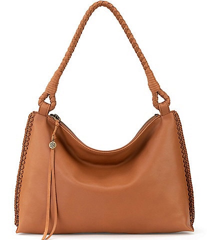 New with tags SAK handbag tan and shades of brown with brown leather trim measures 6 x 12 inches shoulder strap.