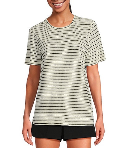 TILLEY Slub Knit Linen Stripe Print Crew Neck Short Sleeve Tee Shirt