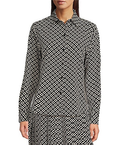 TILLEY Tech Silk Black Tile Print Point Collar Long Sleeve Button Front Classic Shirt