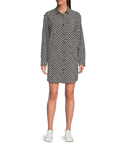 TILLEY Tech Silk Black Tile Print Point Collar Long Sleeve High-Low Hem Snap Front Shirt Dress