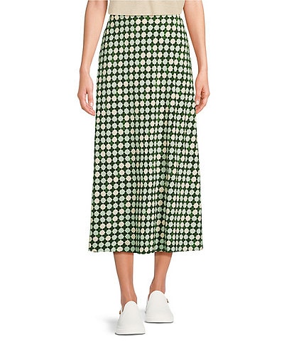 TILLEY Tech SLK Performance Silk-Like Woven Green Tile Print Midi A-Line Skirt