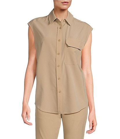 TILLEY Tech SLK Performance Silk-Like Woven Point Collar Cap Sleeve Button-Front Shirt