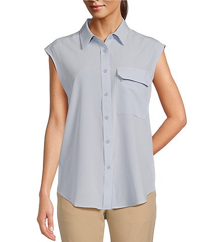 TILLEY Tech SLK Performance Silk-Like Woven Point Collar Cap Sleeve Button-Front Shirt
