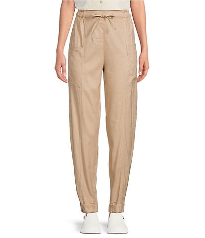 TILLEY Woven Linen Blend Drawcord Gathered Waist Pull-On Pants