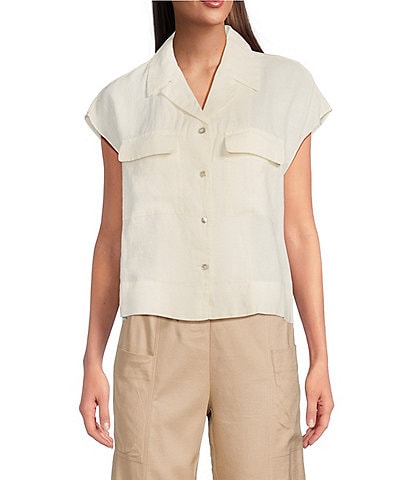 TILLEY Woven Linen Point Collar Cap Sleeve Button-Front Camp Shirt