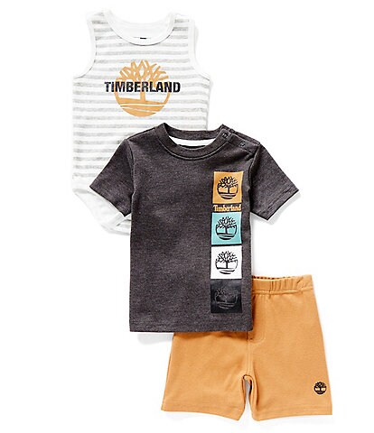 Timberland Baby Boys 12-18 Months Sleeveless Striped Bodysuit, Short-Sleeve Solid Tee & Solid Shorts Set