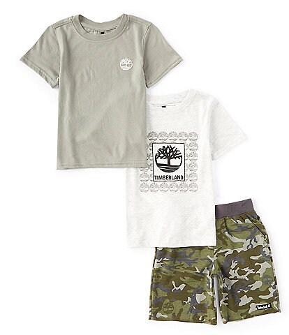 Timberland Little Boys 2T-7 Graphic/Logo/Icon Jersey Tee, Icon Jersey Tee, & Camouflage Print French Terry Shorts Set