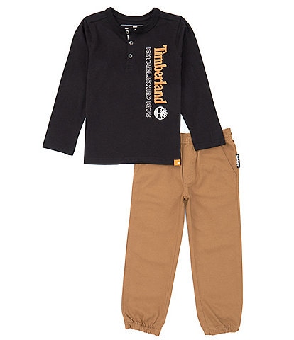 Timberland Little Boys 2T-7 Long Sleeve Henley Neck Logo Jersey Tee & Solid Twill Jogger Pants Set