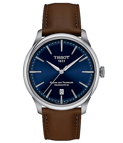 Tissot Unisex Blue Chemin Des Tourelles Powermatic 80 Automatic Brown Leather Strap Watch