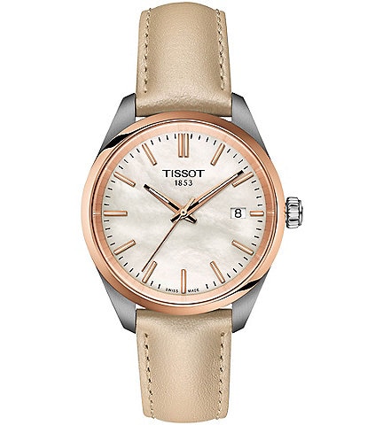 Tissot Unisex Tissot Pr 100 Quartz Analog Tan Leather Strap Mother-of-Pearl Watch