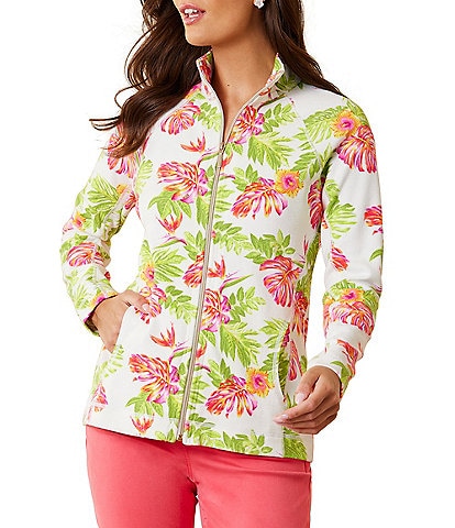 Tommy Bahama Aruba Tidal Fronds Tropical Floral Print Mock Neck Long Sleeve Full-Zip Sweater