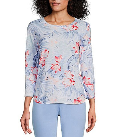 Tommy Bahama Ashby Isles Delicate Floral Print Crew Neck 3/4 Sleeve High-Low Hem Tee