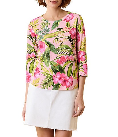 Tommy Bahama Ashby Isles Grand Villa Tropical Floral Print Crew Neck 3/4 Sleeve Fitted Top