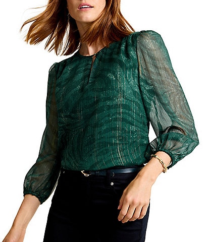 Tommy Bahama Bayside Zebra Sheer Metallic Keyhole Neckline Long Sleeve Blouse