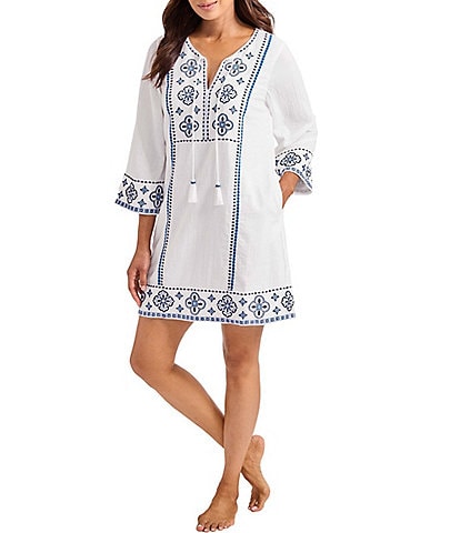 Tommy Bahama Bella Breeze Embroidered Tunic Swim Cover-Up Dress