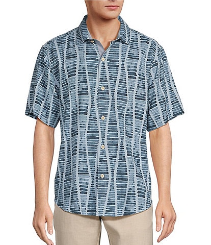 Tommy Bahama Boardwalk Blues Short Sleeve Printed Silk Dobby Shirt