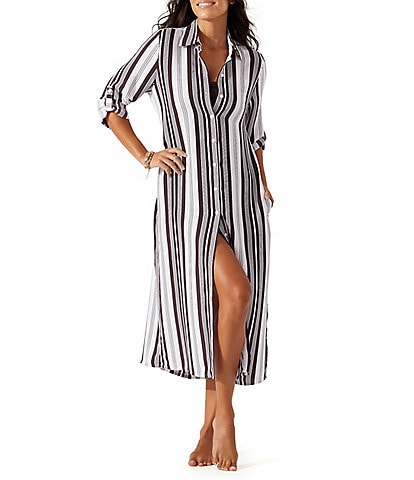 Tommy Bahama Breaker Bay Striped Point Collar 3/4 Roll-Tab Sleeve Button Front Midi Duster Swim Cover Up
