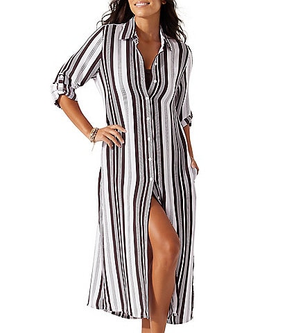 Tommy Bahama Breaker Bay Striped Point Collar 3/4 Roll-Tab Sleeve Button Front Midi Duster Swim Cover-Up