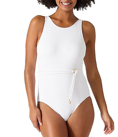 Tommy Bahama Cable Beach High Neck Belted One Piece Swimsuit