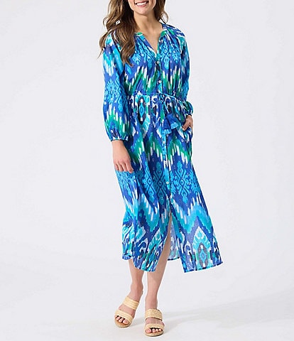 Tommy Bahama Cala Azure Long Sleeve Button Front Swim Cover-Up Shirt Dress