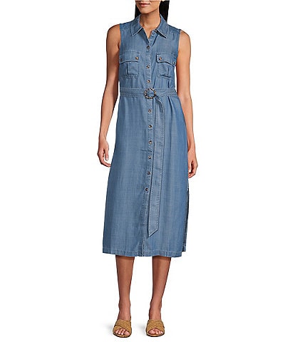 Tommy Bahama Chambray Collared Neck Sleeveless Button Front Dress