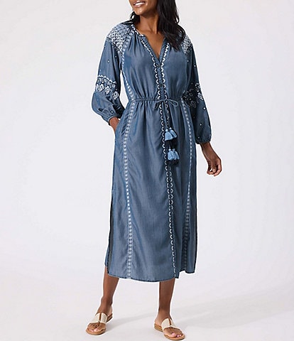 Tommy Bahama Chambray Embroidered Swim Cover-Up Tiered Dress