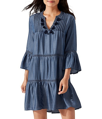 Tommy Bahama Chambray Embroidered Tiered Swim Cover-Up