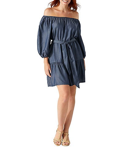 Tommy Bahama Chambray Off-the-Shoulder Tiered Swim Cover-Up Dress