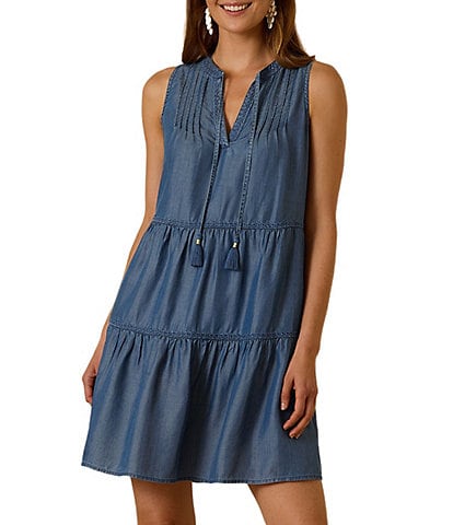 Tommy Bahama Chambray Split V-Neck Sleeveless Ruffle Tiered Hem Dress Swim Cover-Up