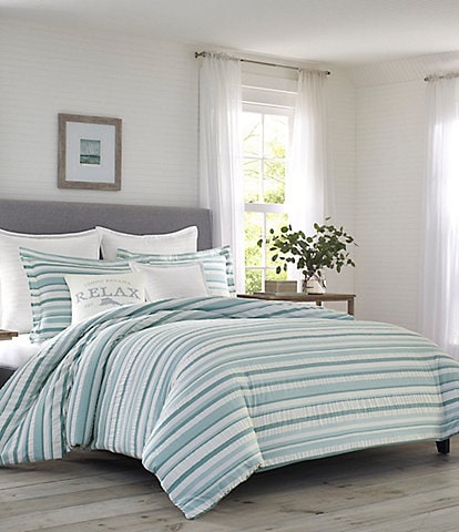 Tommy Bahama Clearwater Cay Striped Seersucker Cotton Reversible Duvet Cover Mini Set