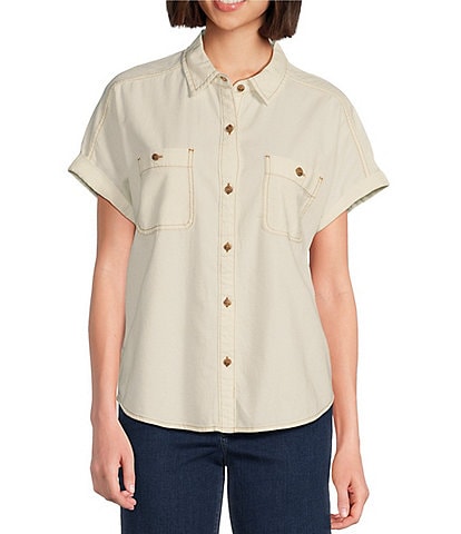 Tommy Bahama Coastal Twill Point Collar Short Sleeve Patch Pocket Contrast Stitch Shirt