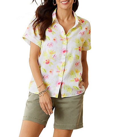 Tommy Bahama Coastaline Royal Resort Floral Print Woven Point Collar Roll-Tab Sleeve Button Front Top