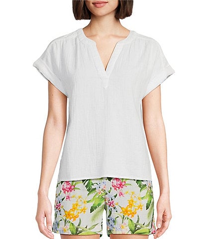 Tommy Bahama Coral Isle Cotton Gauze Island Soft V-Neck Short Sleeve High-Low Hem Shirt