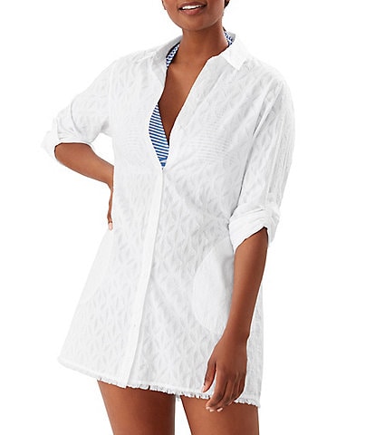Tommy Bahama Cotton Clip Jacquard Burnout Boyfriend Swim Cover Up Shirt