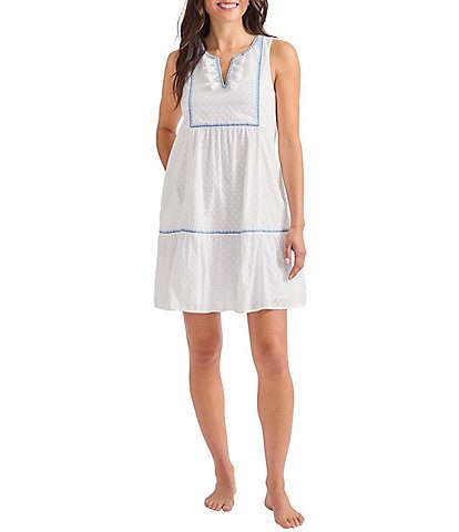 Tommy Bahama Cotton Clip Solid Texture Split V-Neck Sleeveless Swim Cover-Up Dress
