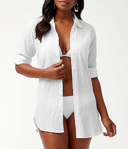 Tommy Bahama Crinkle Cotton Point Collar Long Roll-Tab Sleeve Boyfriend Swim Cover Up Shirt