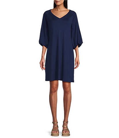 Tommy Bahama Darcy Ponte Knit V-Neck 3/4 Bishop Sleeve A-Line Dress