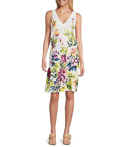 Tommy Bahama Darcy Verde Bloom Printed Drapery Ponte Jersey V-Neck Sleeveless Sheath Dress