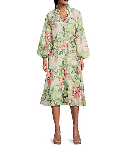 Tommy Bahama Day Break Hibiscus Puff Long Sleeve Belted Midi Dress