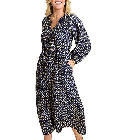 Tommy Bahama Diamond Cay Split-V Neck Long Billow Sleeve Midi Dress