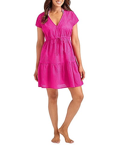 Tommy Bahama Organic Cotton Eyelet Cove V-Neck Swim Cover-Up Dress