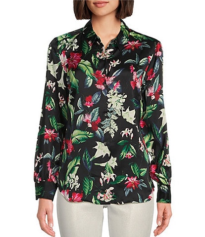 Tommy Bahama Fancy Floral Silk Crepe Satin Point Collar Long Sleeve Button-Front Shirt