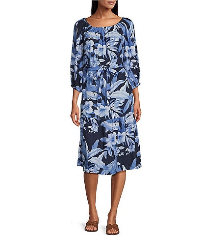 Tommy Bahama Floral Print Gauze Off-The-Shoulder 3/4 Sleeve Side Pocket Belted Dress