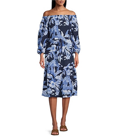 Tommy Bahama Floral Print Gauze Off-The-Shoulder 3/4 Sleeve Side Pocket Belted Dress